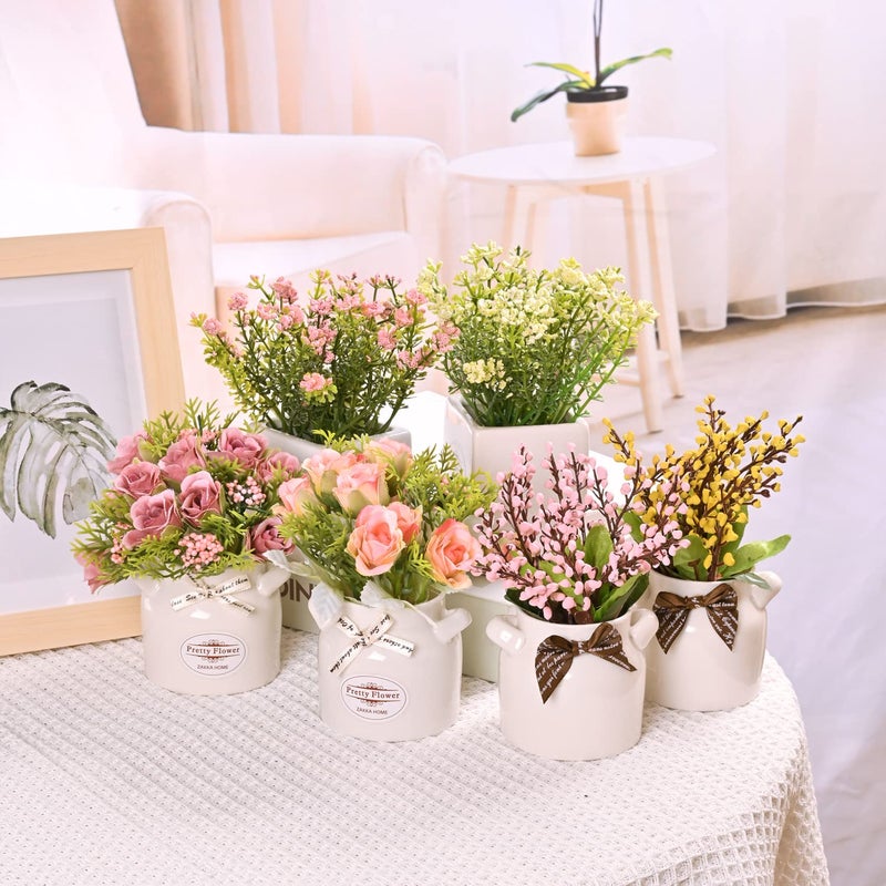 LUEUR 6Pcs Artificial Flowers with Ceramic Pot Fake Flower Arrangements Small Faux Spring Flowers in Vase Home Spring Decor, Centerpiece Table Decorations for Farmhouse Office Shelf Dining Table - Image 5